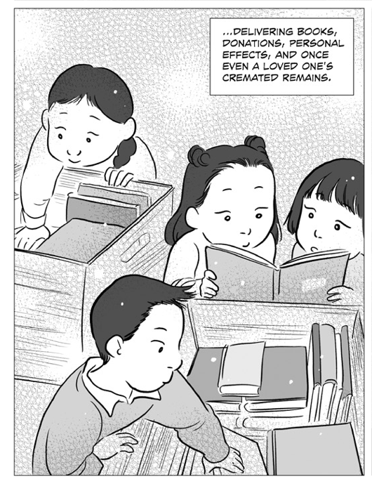 Four Japanese American children excitedly search through boxes of books delivered to them in a WWII-era American concentration camp by a pro-social Quaker missionary