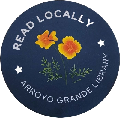 a navy blue circular badge with an orange poppy in the center of the words "READ LOCALLY * ARROYO GRANDE LIBRARY