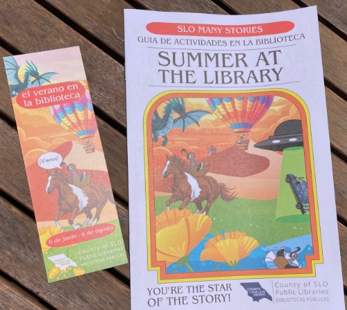 Promotional material for the "Summer at the Library" program, in the genre of "Choose Your Own Adventure" books. In Spanish and in English.