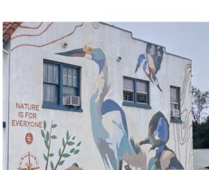 A mural on the side of a two story building featuring wild birds and the words "Nature is for Everyone"
